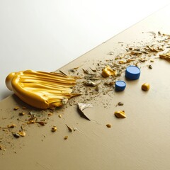 kids art craft and collage concept. Melted substance with scattered items on a surface.