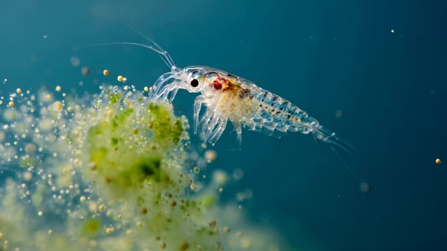 Microscopy: Plankton Translucent body, eye, antennae, internal details. Green/yellow spiral algae, blue background.