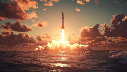 Missile launch at sunset over water