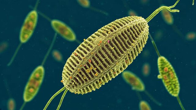 3D animation: Pennate diatom (Surirella-like) with intricate silica frustule floats in aquatic environment with other algae. Detailed, textured. Science, biology.