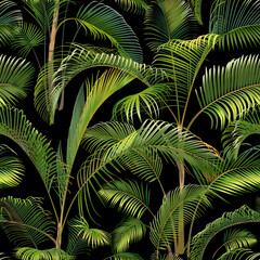 Seamless pattern with green palm tree branches isolated on a black background. Desert and tropical houseplants. 

