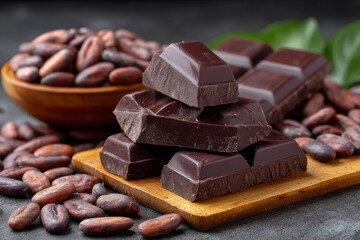 Dark chocolate squares stacked on a wooden board surrounded by cocoa beans  leaves