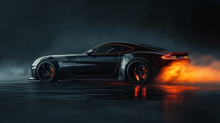 Sportscar with Fiery Exhaust on a Dark Reflective Surface