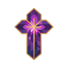 stained glass christian cross window - illustration with purple and gold tones on transparent background, ideal for church print materials, religious websites, or spiritual design projects