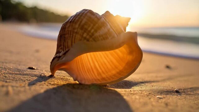 Large spiral seashell resting on sandy beach during sunset, with gentle waves and lush green trees in the background on a sunny day.