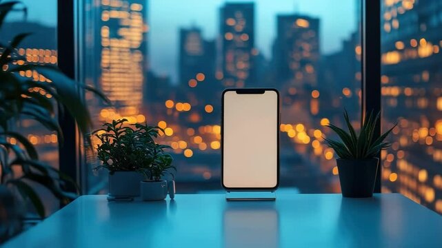 Blank screen smartphone standing on wireless charger in bright modern office cityscape view,minimal corporate style,concept of digital productivity business communication.Banner.copy space.mockup, - Powered by Adobe