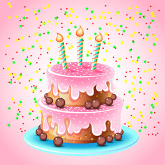 Festive cake with pink cream and chocolate candies. Vector illustration.