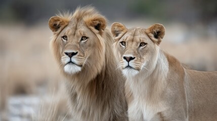 Majestic lion pair in the african savanna