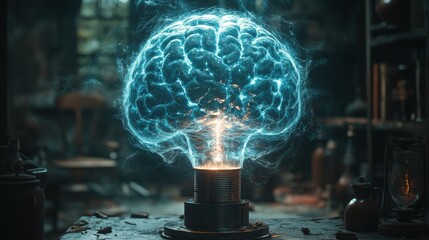 Illuminated brain model with a glowing light bulb at its center, set in a vintage laboratory environment