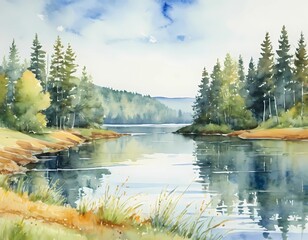 Calm waters mirror an enchanting forest in Karelia, where gentle reflections create a peaceful oasis, inviting exploration and tranquility in natures embrace Generative AI