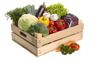 Wooden box with vegtables isolated on white or transparent background