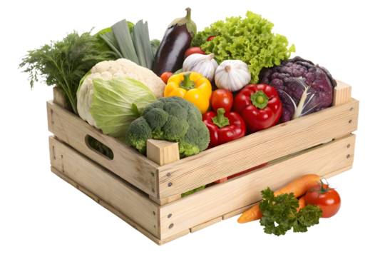 Wooden box with vegtables isolated on white or transparent background