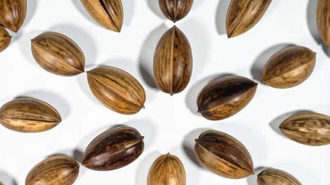 Pecan nuts in shells, scattered on a plain white surface creating a visually interesting natural pattern and organic background texture.