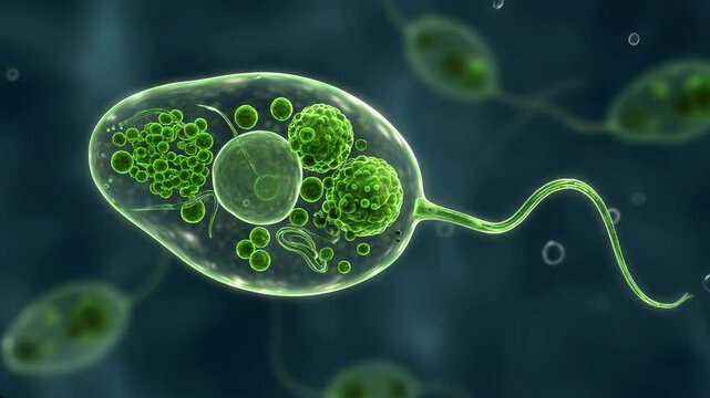 3D animation: Euglena cell Green flagellated  swims. Glowing cell with chloroplasts, nucleus, in blue-teal aquatic environment with bubbles. Science, biology