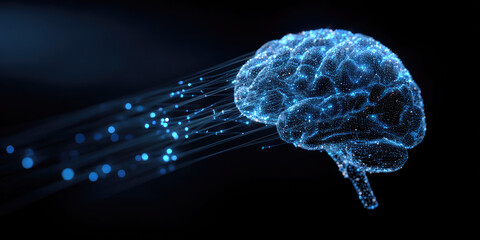 Illuminated Blue Digital Brain Surrounded by Glowing Data Streams: Symbol of AI Power and Knowledge Creation. Abstract Tech Background for Posters, Banners, Book Covers, and Business Presentations on 