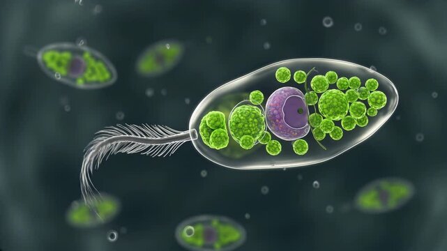 3D animation: Euglena cell Green flagellated  swims. Glowing cell with chloroplasts, nucleus, in blue-teal aquatic environment with bubbles. Science, biology