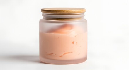 frosted glass jar with visible peach toned cream