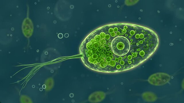 3D animation: Euglena cell Green flagellated  swims. Glowing cell with chloroplasts, nucleus, in blue-teal aquatic environment with bubbles. Science, biology