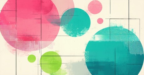 Abstract circles overlap, creating textured visual. Pink, teal, green hues dominate neutral background. Minimalist design, geometric shapes present.