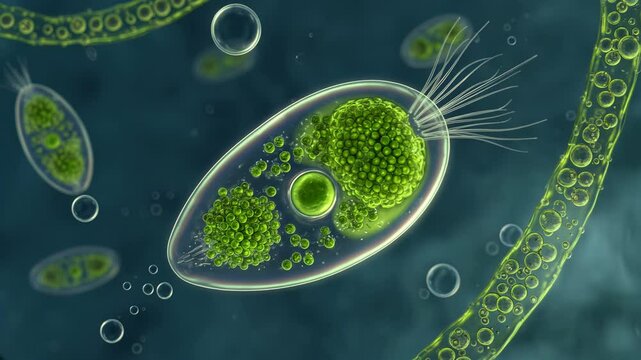 3D animation: Euglena cell Green flagellated  swims. Glowing cell with chloroplasts, nucleus, in blue-teal aquatic environment with bubbles. Science, biology