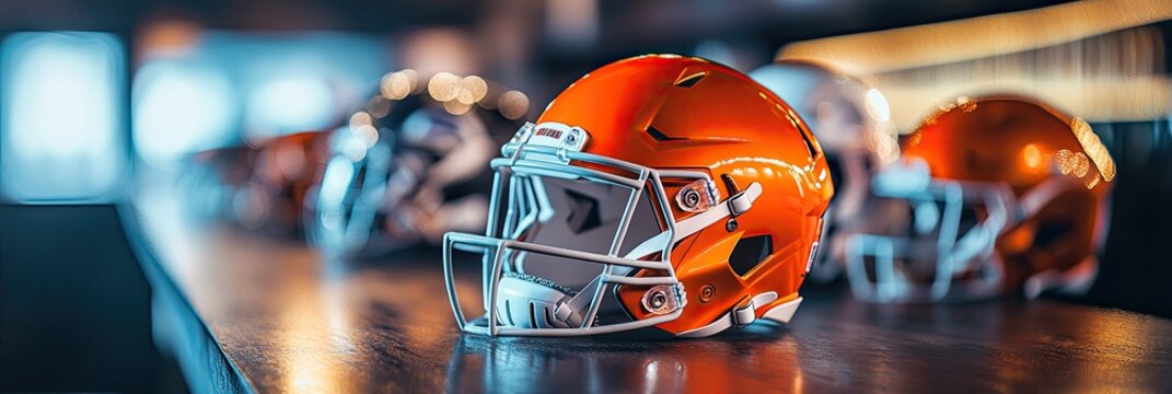 Orange football helmets on a dark surface