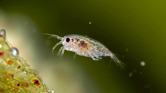 Microscopy footage: Copepod (aquatic crustacean) floats. Detailed view of translucent body, eye, antennae, internal organs in green particle-rich water.
