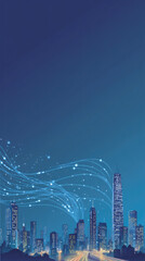 Futuristic Smart City Skyline: Blue and White Illuminated Urban Landscape with Digital Data Streams. Abstract Commercial Background for AI, Technology Innovation, and Intelligent Urban Planning Concep