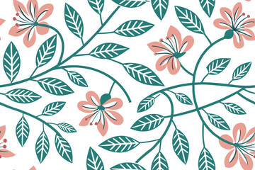 Seamless Floral Pattern with Vibrant Blossoms and Delicate Leaves for Elegant Textile and Wallpaper Designs