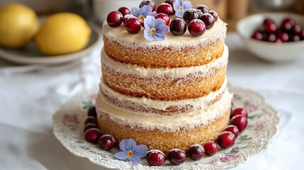 Two tiered lemon cake with sugared cranberries and edible violets on floral china plate lace doily soft focus vintage filter isolated on off white parchment 