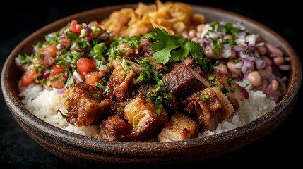 Delicious chifrijo dish with rice, pork, and beans