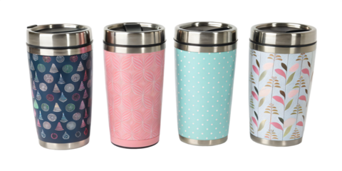 varied tumbler thermos mugs, different colorful designs, isolated PNG transparent background