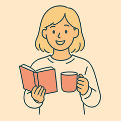 girl with cup of tea and read book. Vector illustration