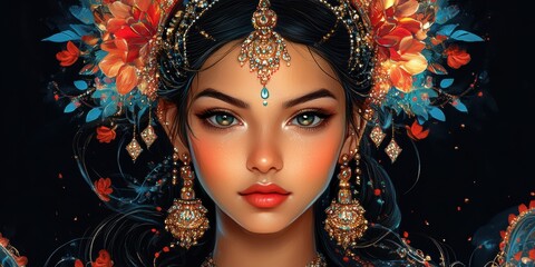 Portrait of an Indian woman adorned with traditional jewelry and floral headpiece