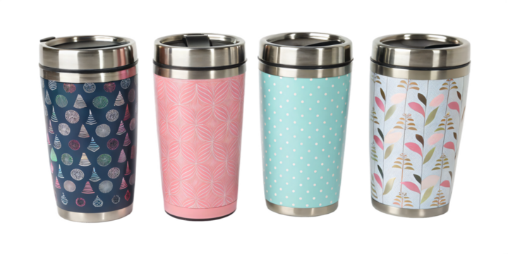 varied tumbler thermos mugs, different colorful designs, isolated PNG transparent background