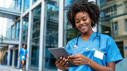 Happy healthcare worker reviews data on a tablet while enjoying a sunny day outside a contemporary medical center
