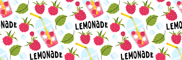 Fresh raspberry lemonade seamless pattern on white background. Bright summer background for cafe menus. Take away summer drink. Berries, leaves, ice cubes. Food and drinks. Vector flat illustration.