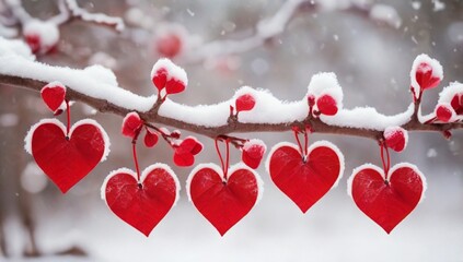 Red hearts on snowy tree branch in winter. Holidays. Happy valentines day celebration. Heart love concept.