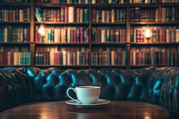 Cozy library nook with a warm drink