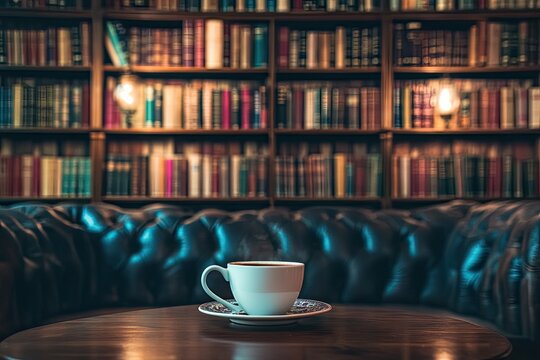 Cozy library nook with a warm drink