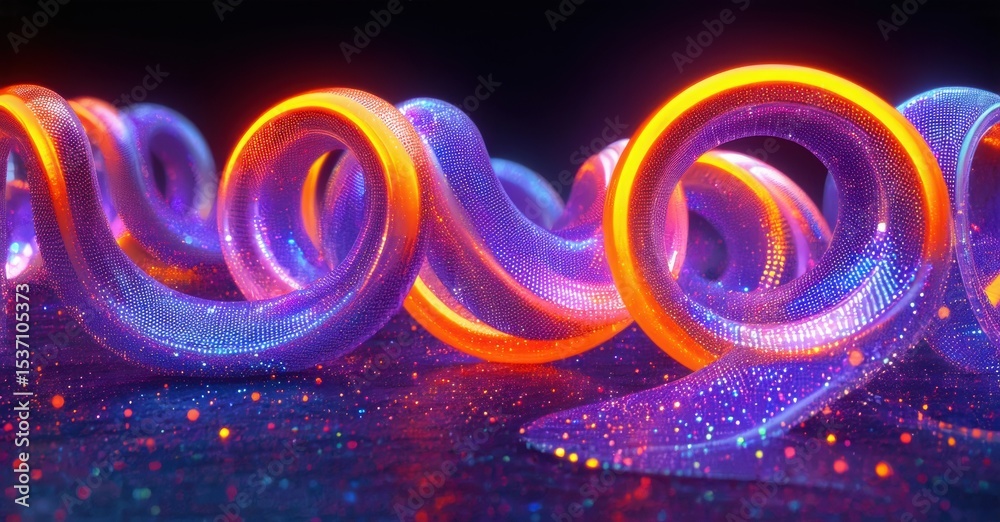 Poster Bright ribbons form looping shapes. Vivid colors, particles create dynamic, glowing effect. Dark background emphasizes luminosity.