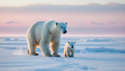 Polar Bear and Cub on Ice: A majestic polar bear and its adorable cub traverse a vast, snow-covered expanse under a soft, pastel-colored sky.