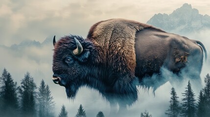 Majestic bison portrait blending into misty mountain landscape, pine trees below