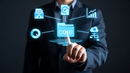 Businessman Interacting with Core Data System Blue Icons