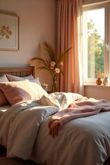 A cozy, well-lit room with soft blankets, plush pillows, and a warm, inviting atmosphere, perfect for relaxation and self-care , blankets, joy
