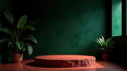 a red stone in a green room