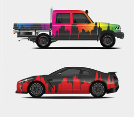 Rainbow Cityscape Designs on Pickup Truck and Sports Car