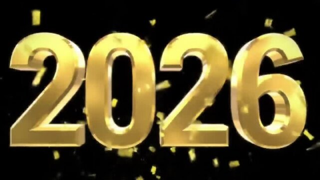 Happy New Year's animation. Shiny, golden 3D text elegantly reveals against a dark background 