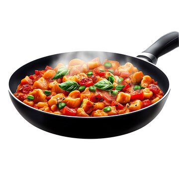 cooked tasty dish on the pan, wiith a fog, isolated on a clean and clear White background.