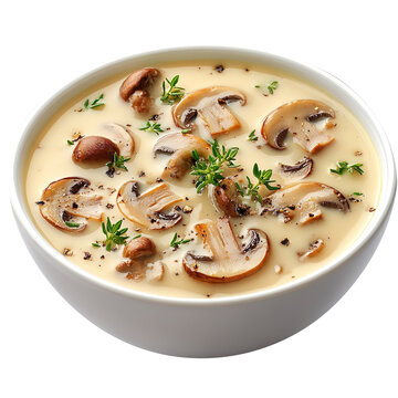 Cream bowl of mushroom soup isolated on a clean and clear White background