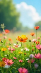 Naklejka premium A vibrant, sunlit meadow bursting with wildflowers, conveying a sense of serene beauty and natural harmony The gentle breeze rustles the petals, creating a soft, captivating scene , serene, harmony